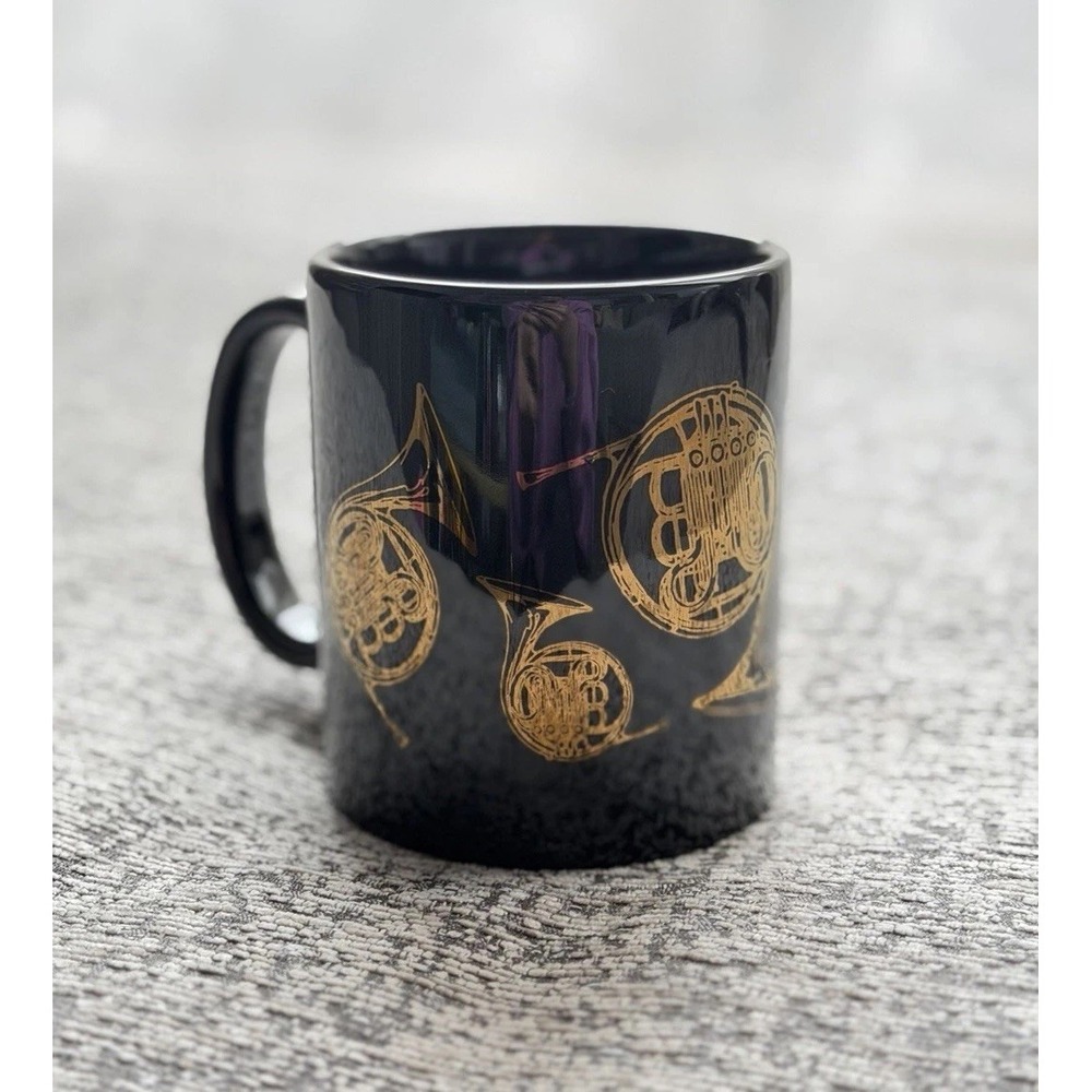 Vintage Black Mug w/ 22K Gold Brass Instruments Design – Albert Elovitz Inc 1987